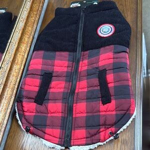 New LuvGear Cold Alert Technology dog jacket. Sz L. Red/black checked & Corduroy